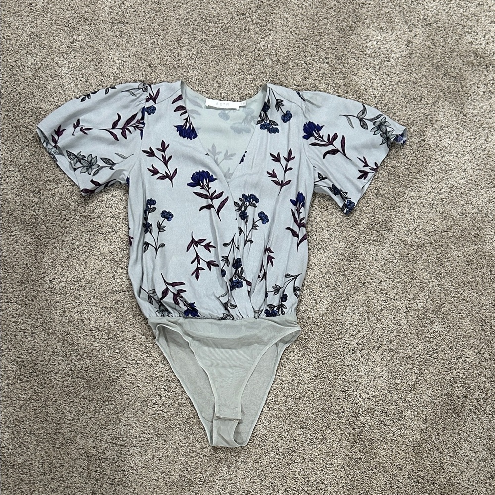 Astr Floral Bodysuit in Blue and Gray with Flutter sleeve faux wrap style